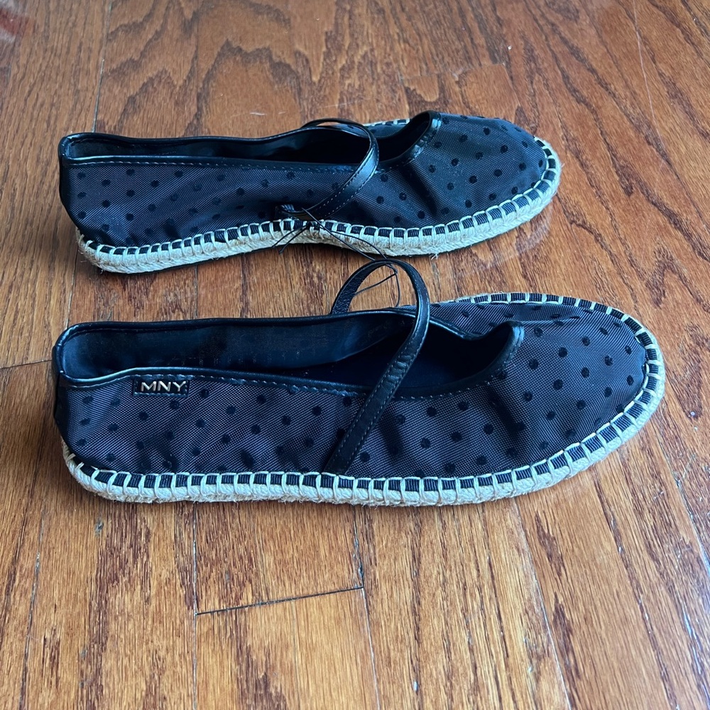 Brand New Marc New York Black Polka Dot Espadrille Flats with Cross Strap